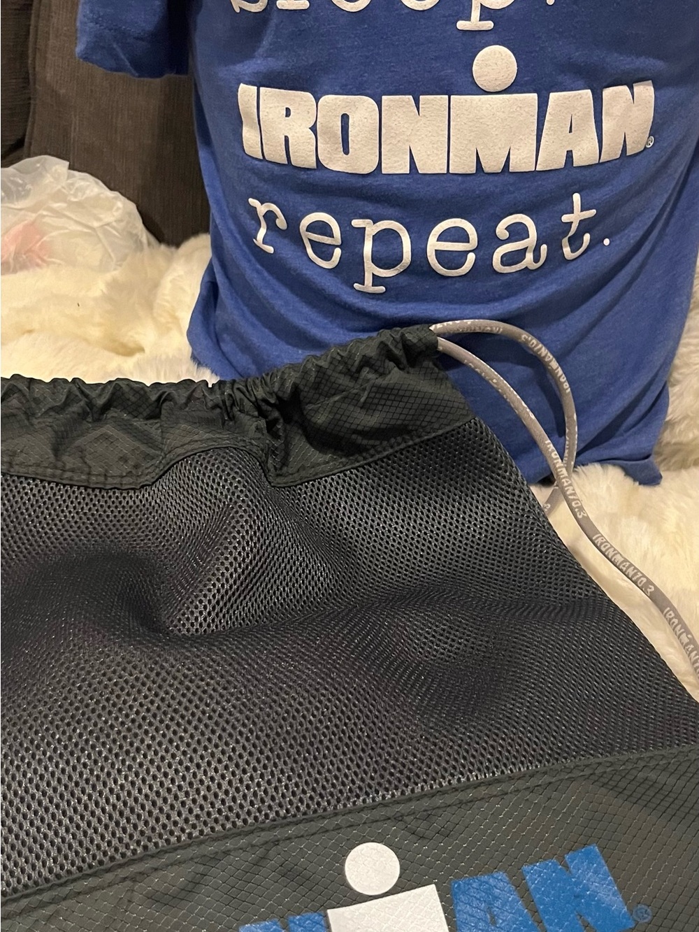 IRONMAN Slogan Blue Tee Sz S ORIG $99+ PLUS Bonus IRONMAN drawstring Bag! LUX!